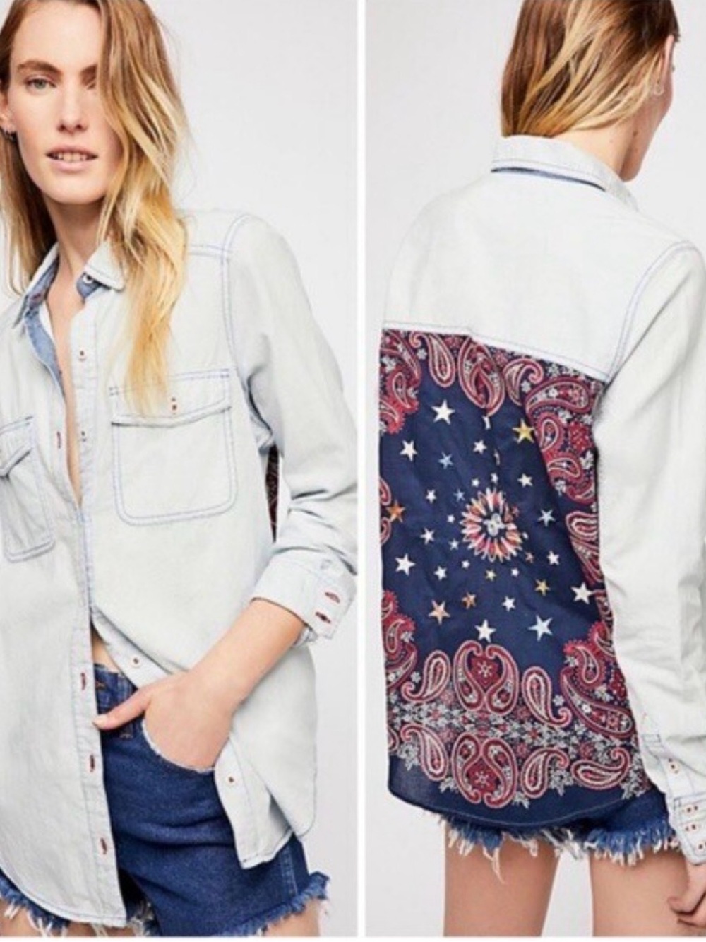 Free People Bandana Back Chambray Button Down Shirt Western Boho Medium